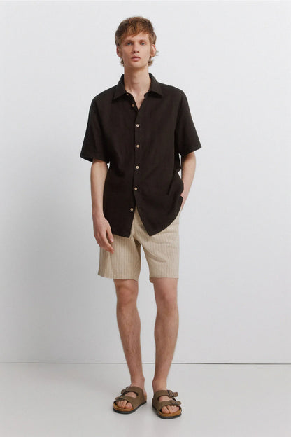 Springfield Beige Men Striped Linen Comfort Slim Fit Bermuda Shorts SKU: 0433677_51 Image 01