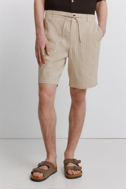 Springfield Beige Men Striped Linen Comfort Slim Fit Bermuda Shorts SKU: 0433677_51 Image 02