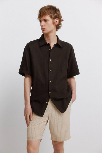 Springfield Beige Men Striped Linen Comfort Slim Fit Bermuda Shorts SKU: 0433677_51 Image 03