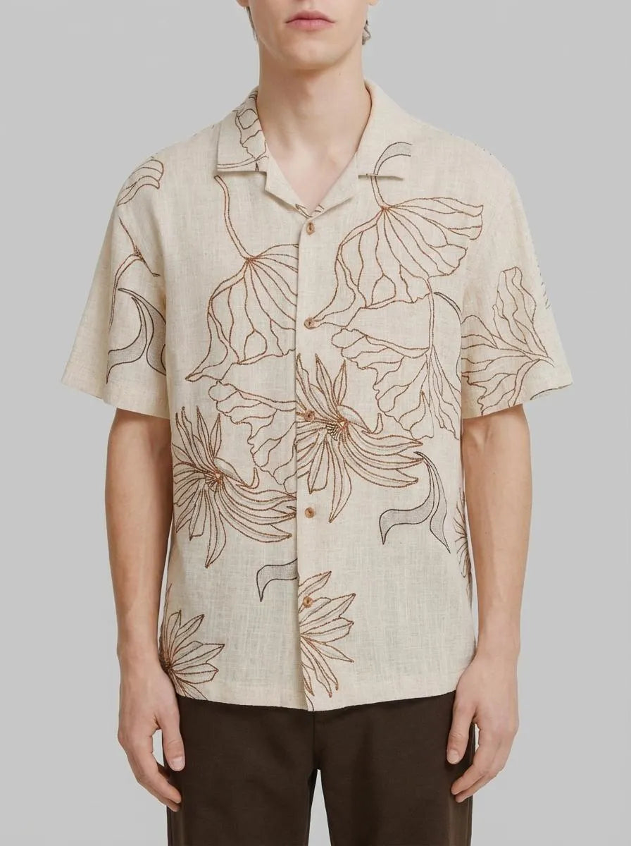 Springfield Beige Men Printed Linen Viscose Short Sleeve Shirt SKU: 0543019_51 Image 00
