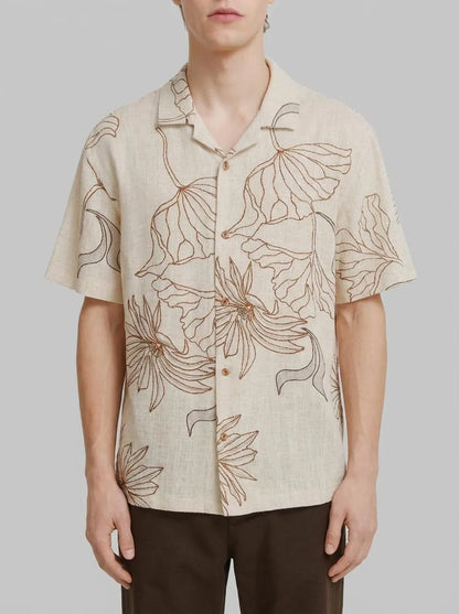 Springfield Beige Men Printed Linen Viscose Short Sleeve Shirt SKU: 0543019_51 Image 00