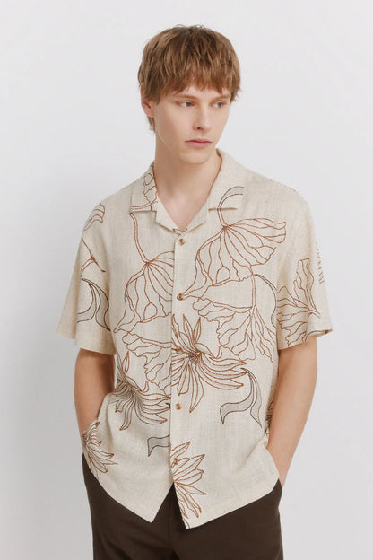 Springfield Beige Men Printed Linen Viscose Short Sleeve Shirt SKU: 0543019_51 Image 01