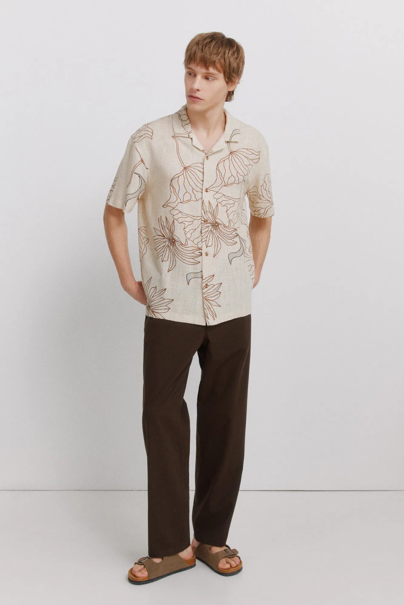 Springfield Beige Men Printed Linen Viscose Short Sleeve Shirt SKU: 0543019_51 Image 02
