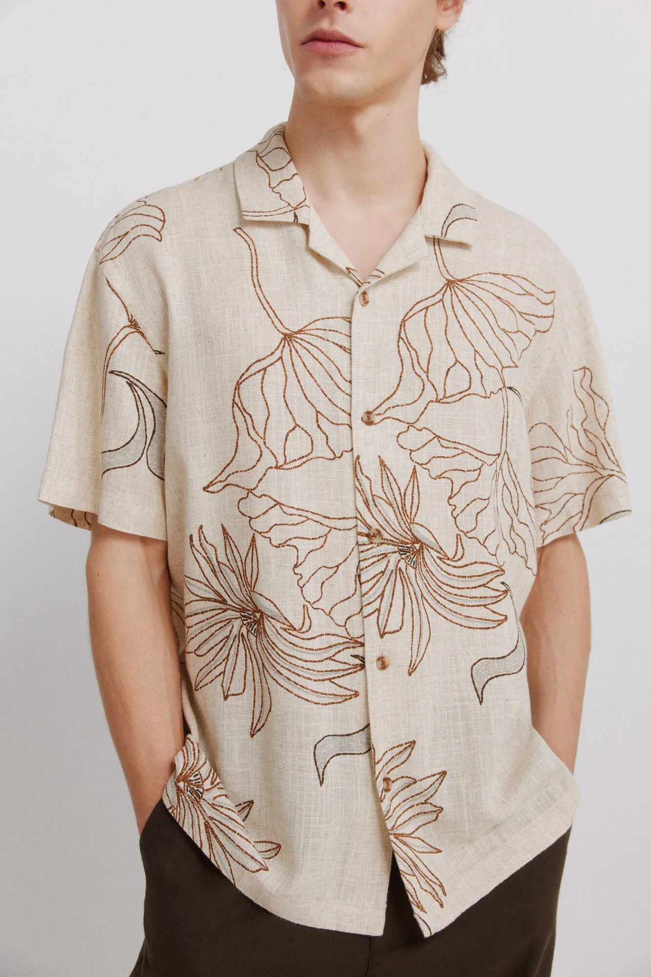 Springfield Beige Men Printed Linen Viscose Short Sleeve Shirt SKU: 0543019_51 Image 04