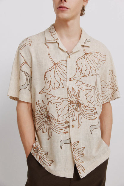 Springfield Beige Men Printed Linen Viscose Short Sleeve Shirt SKU: 0543019_51 Image 04