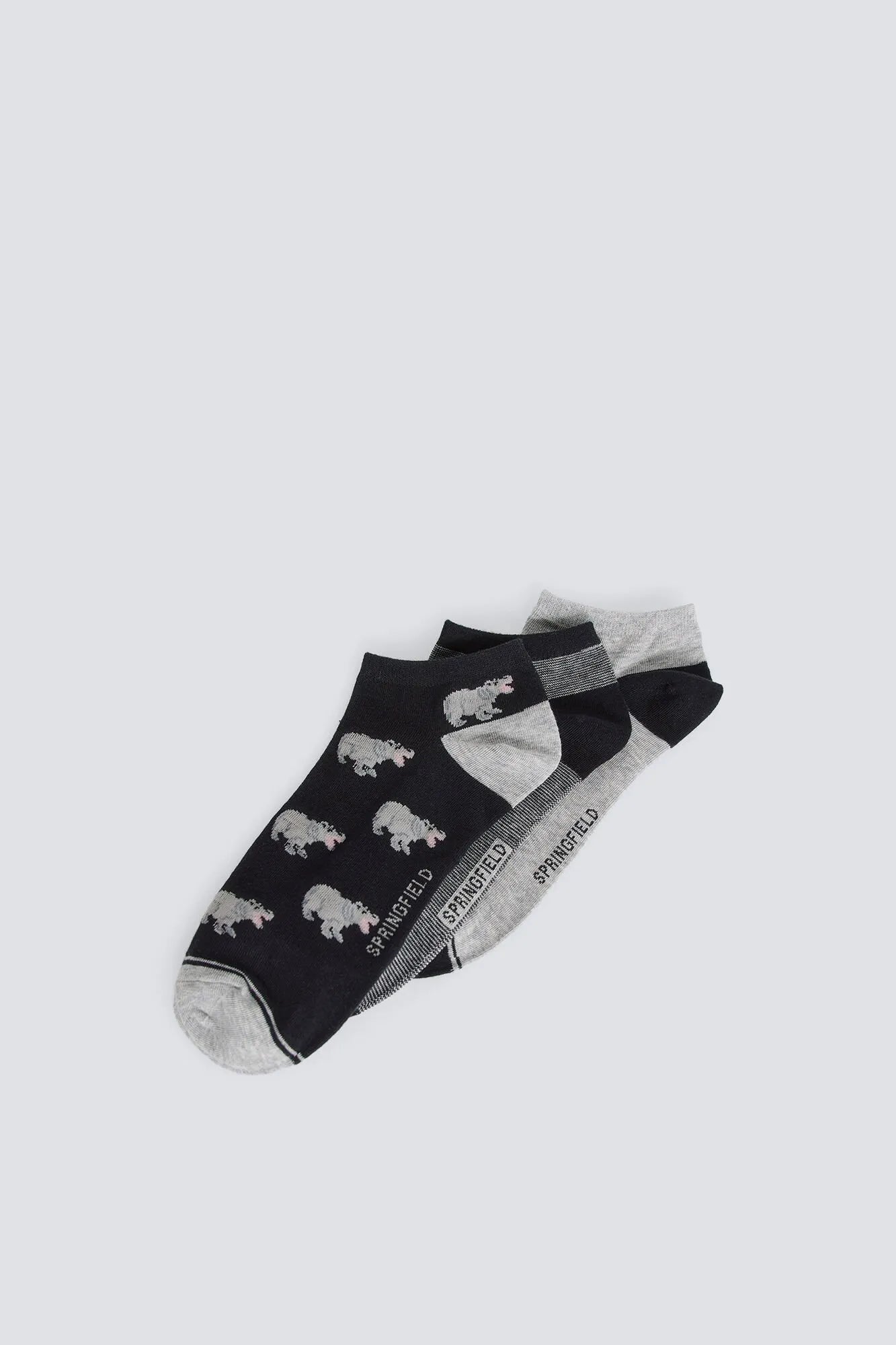 Springfield Black Men 3-Pack Hippo Print Ankle Socks SKU: 0653659_01 Image 01