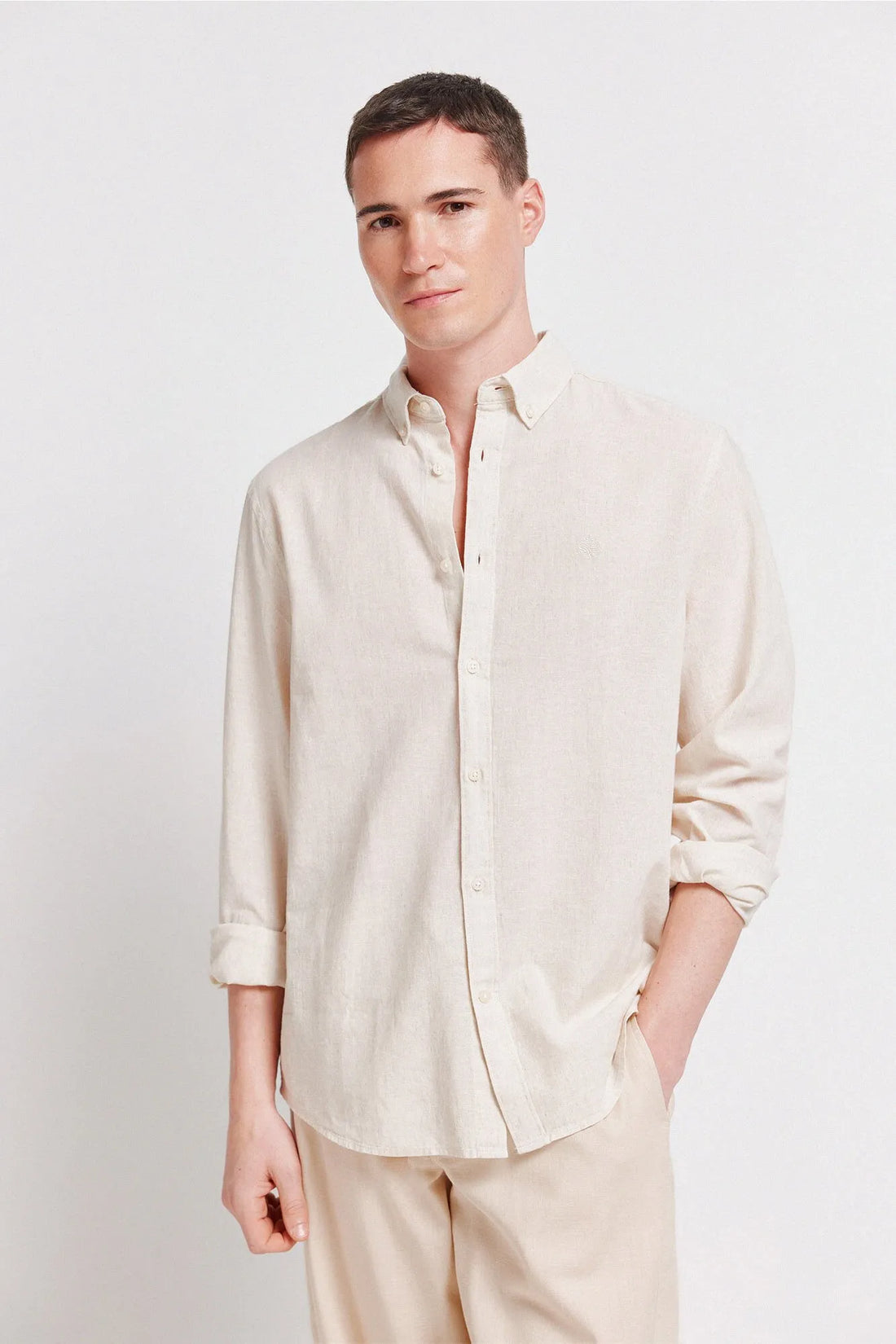 Springfield Beige Men Linen Shirt SKU: 0993387_51 Image 01