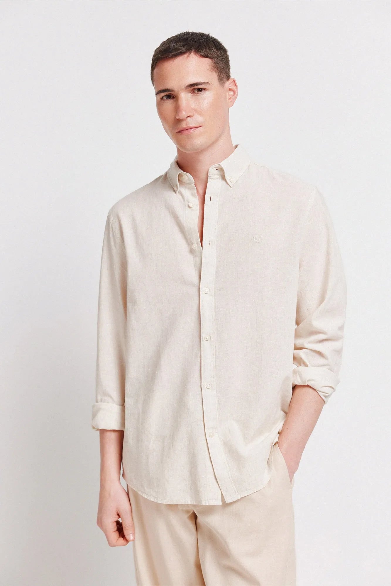 Springfield Beige Men Linen Shirt SKU: 0993387_51 Image 01