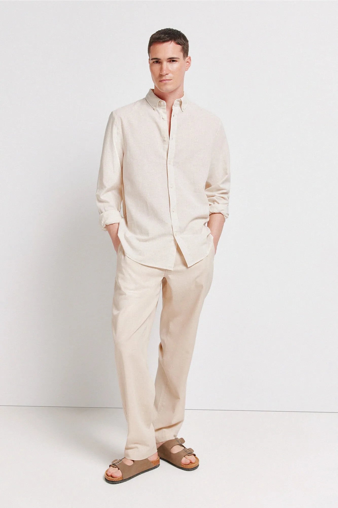 Springfield Beige Men Linen Shirt SKU: 0993387_51 Image 02