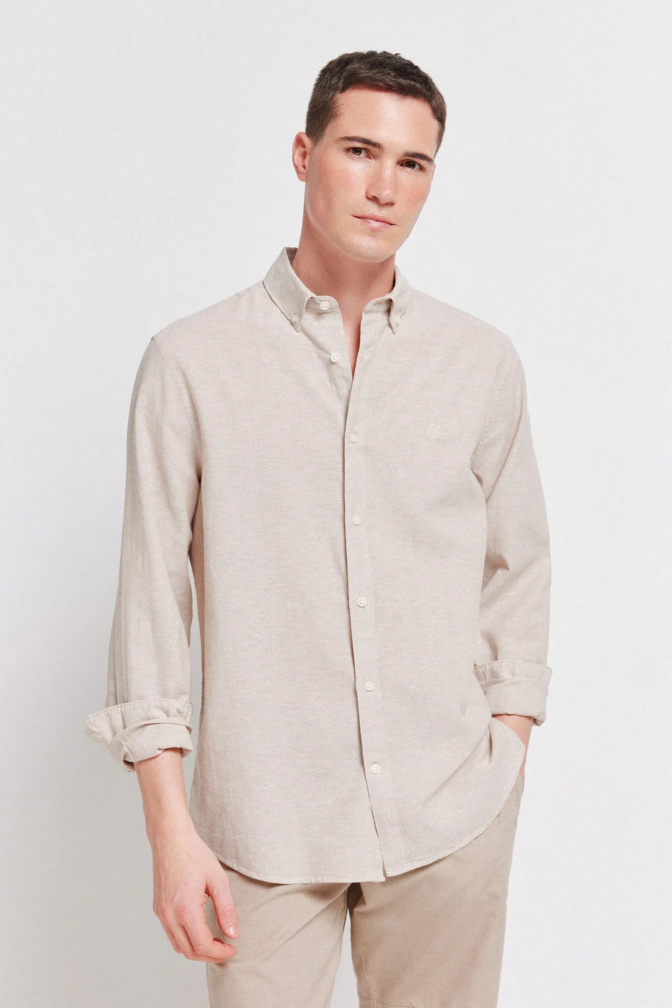 Springfield Beige Men Linen Shirt SKU: 0993388_52 Image 01