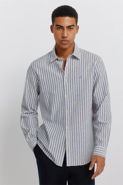 Springfield Blue Men Striped Linen Shirt SKU: 0993399_12 Image 01