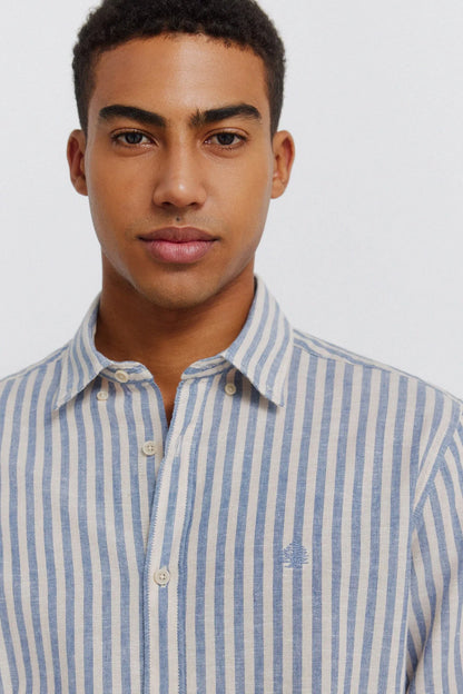Springfield Blue Men Striped Linen Shirt SKU: 0993399_12 Image 02