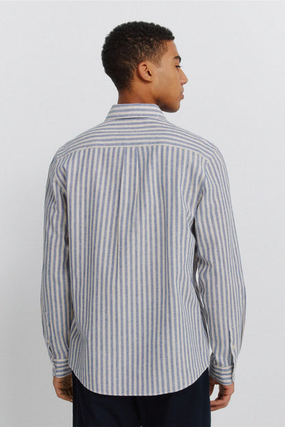 Springfield Blue Men Striped Linen Shirt SKU: 0993399_12 Image 04