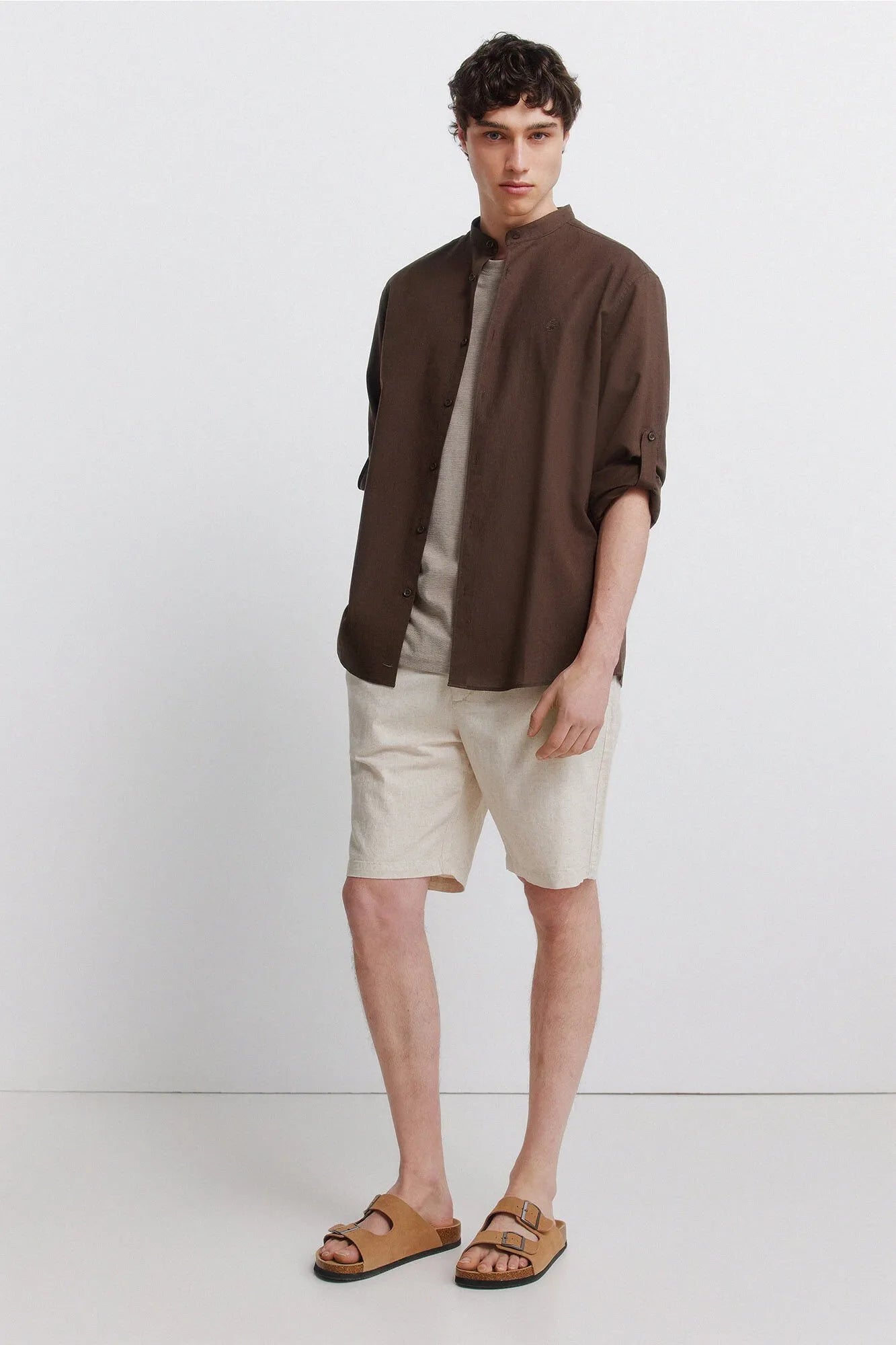 Springfield 0 Men Linen Mandarin Collar Shirt SKU: 0993403_39 Image 04
