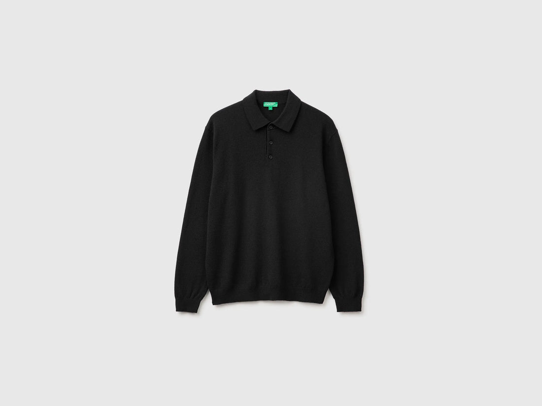 Benetton Black Men Black Polo Shirt in Pure Merino Wool SKU: 1002U301Y_100 Image 01