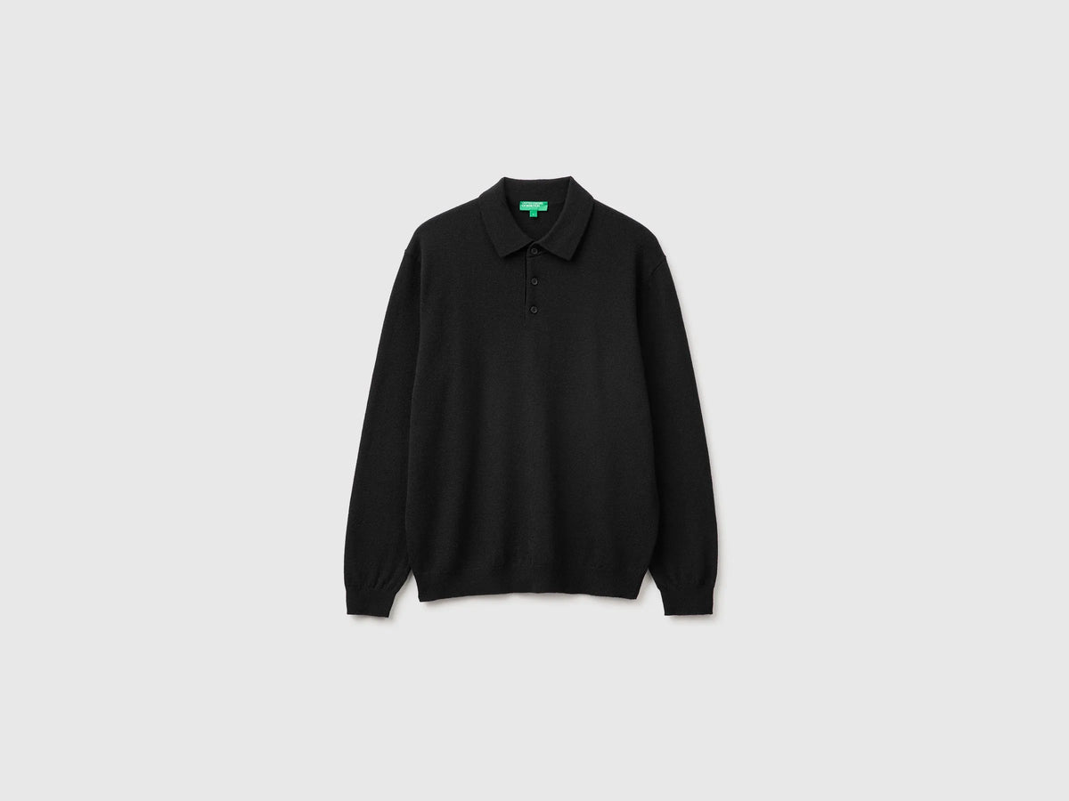 Benetton Black Men Black Polo Shirt in Pure Merino Wool SKU: 1002U301Y_100 Image 01