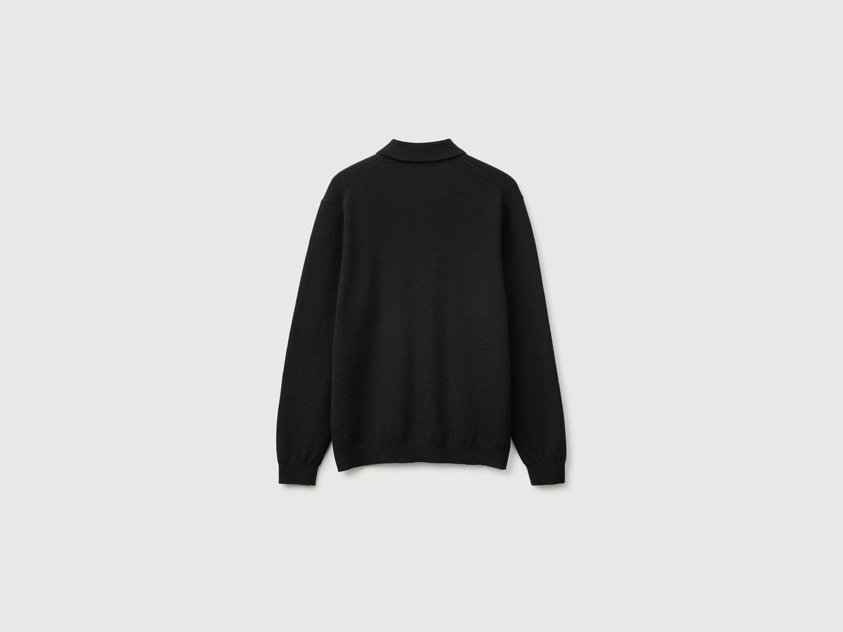 Benetton Black Men Black Polo Shirt in Pure Merino Wool SKU: 1002U301Y_100 Image 02