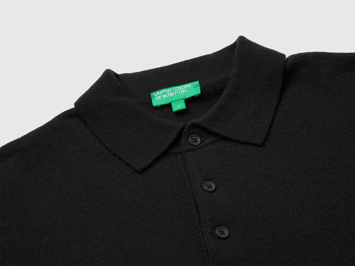 Benetton Black Men Black Polo Shirt in Pure Merino Wool SKU: 1002U301Y_100 Image 03