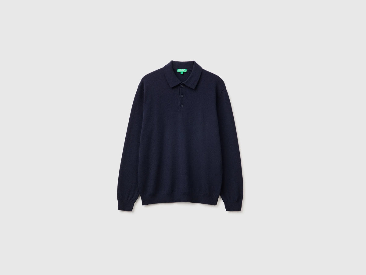 Benetton Dark Blue Men Midnight Blue Polo Shirt in Pure Merino Wool SKU: 1002U301Y_3C1 Image 01