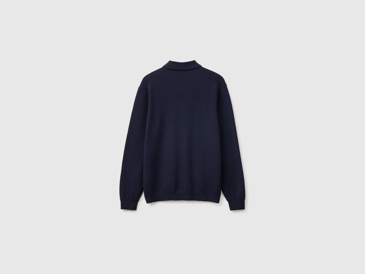 Benetton Dark Blue Men Midnight Blue Polo Shirt in Pure Merino Wool SKU: 1002U301Y_3C1 Image 02