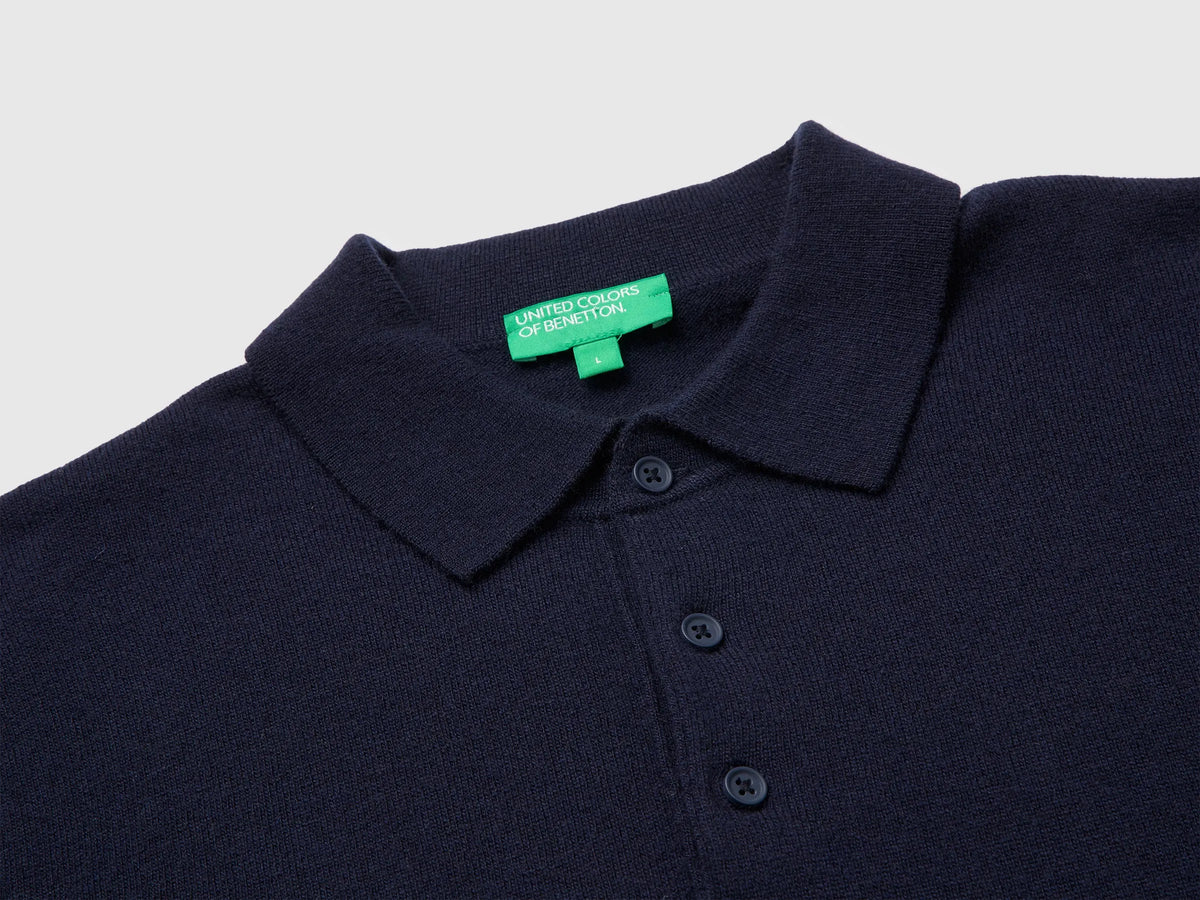 Benetton Dark Blue Men Midnight Blue Polo Shirt in Pure Merino Wool SKU: 1002U301Y_3C1 Image 03