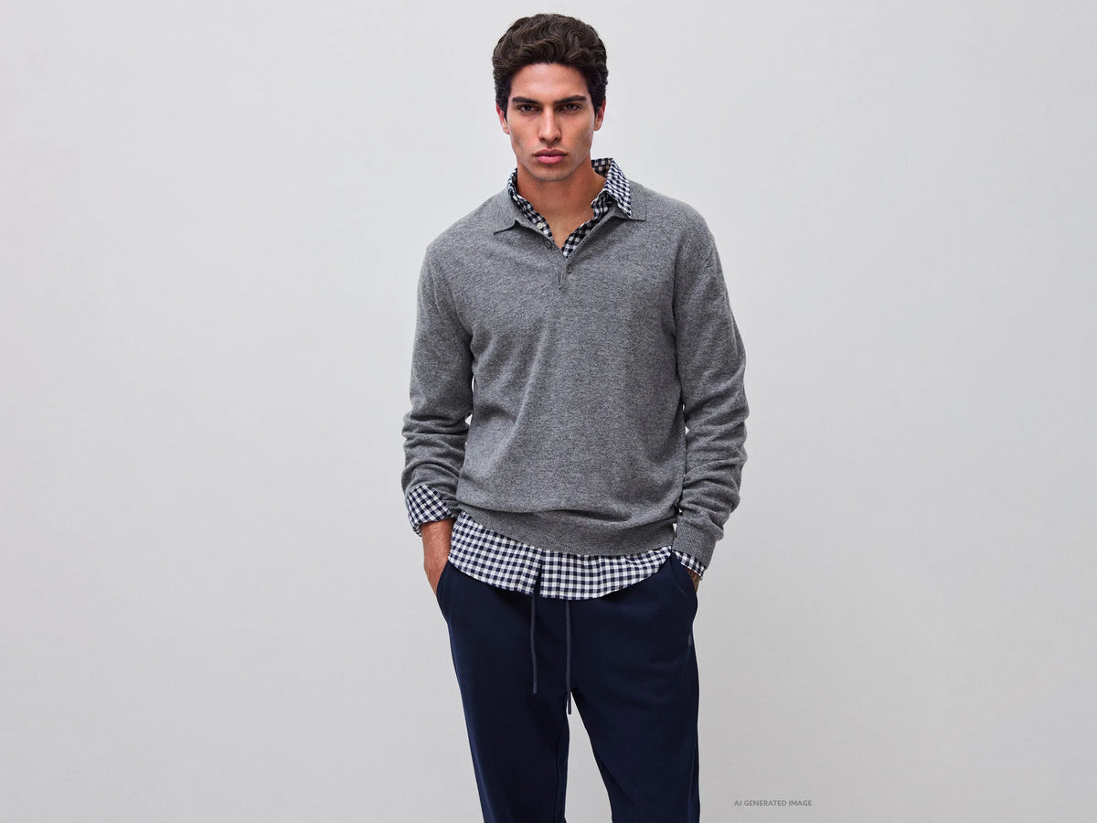 Benetton Dark Gray Men Grey Melange Polo Shirt in Pure Merino Wool SKU: 1002U301Y_507 Image 01