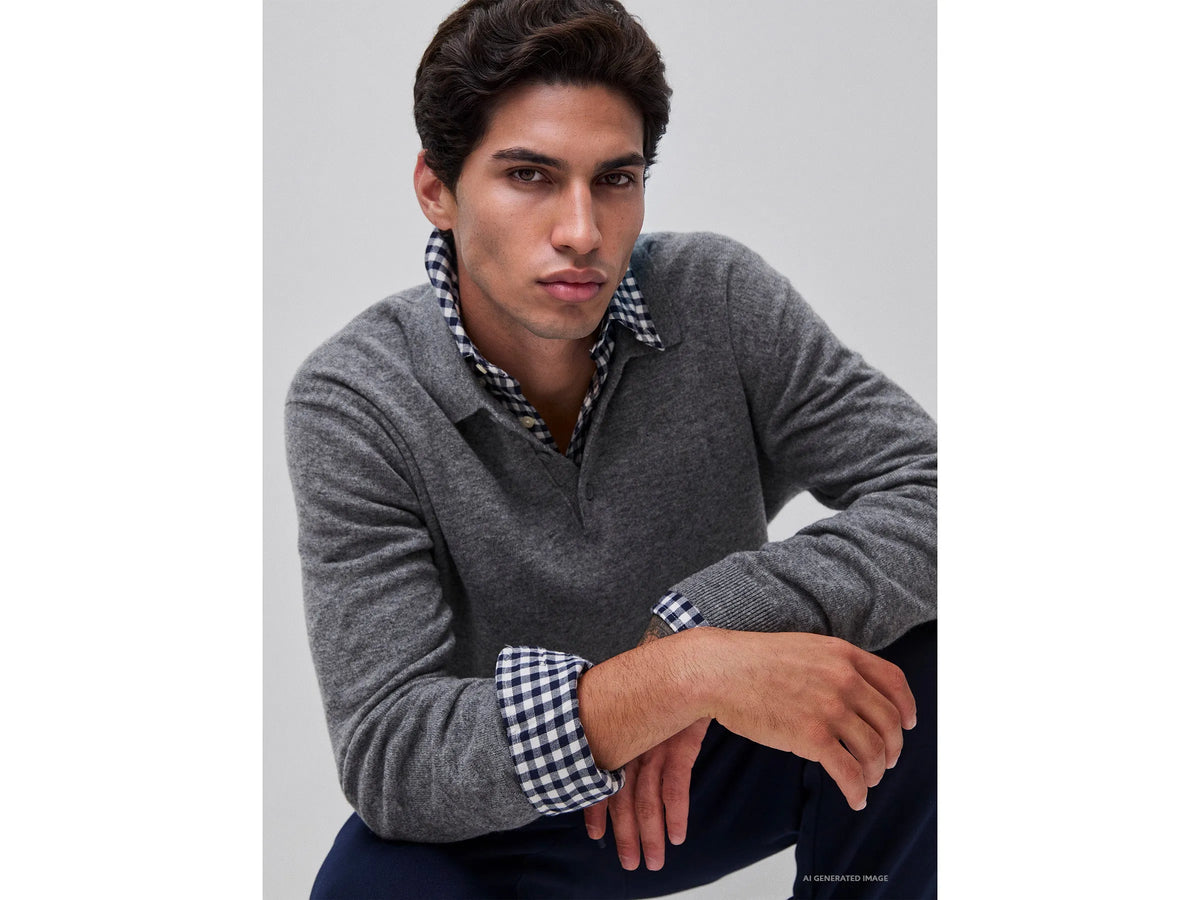 Benetton Dark Gray Men Grey Melange Polo Shirt in Pure Merino Wool SKU: 1002U301Y_507 Image 03