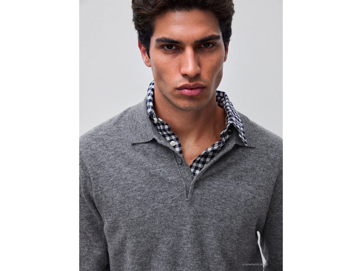 Benetton Dark Gray Men Grey Melange Polo Shirt in Pure Merino Wool SKU: 1002U301Y_507 Image 04