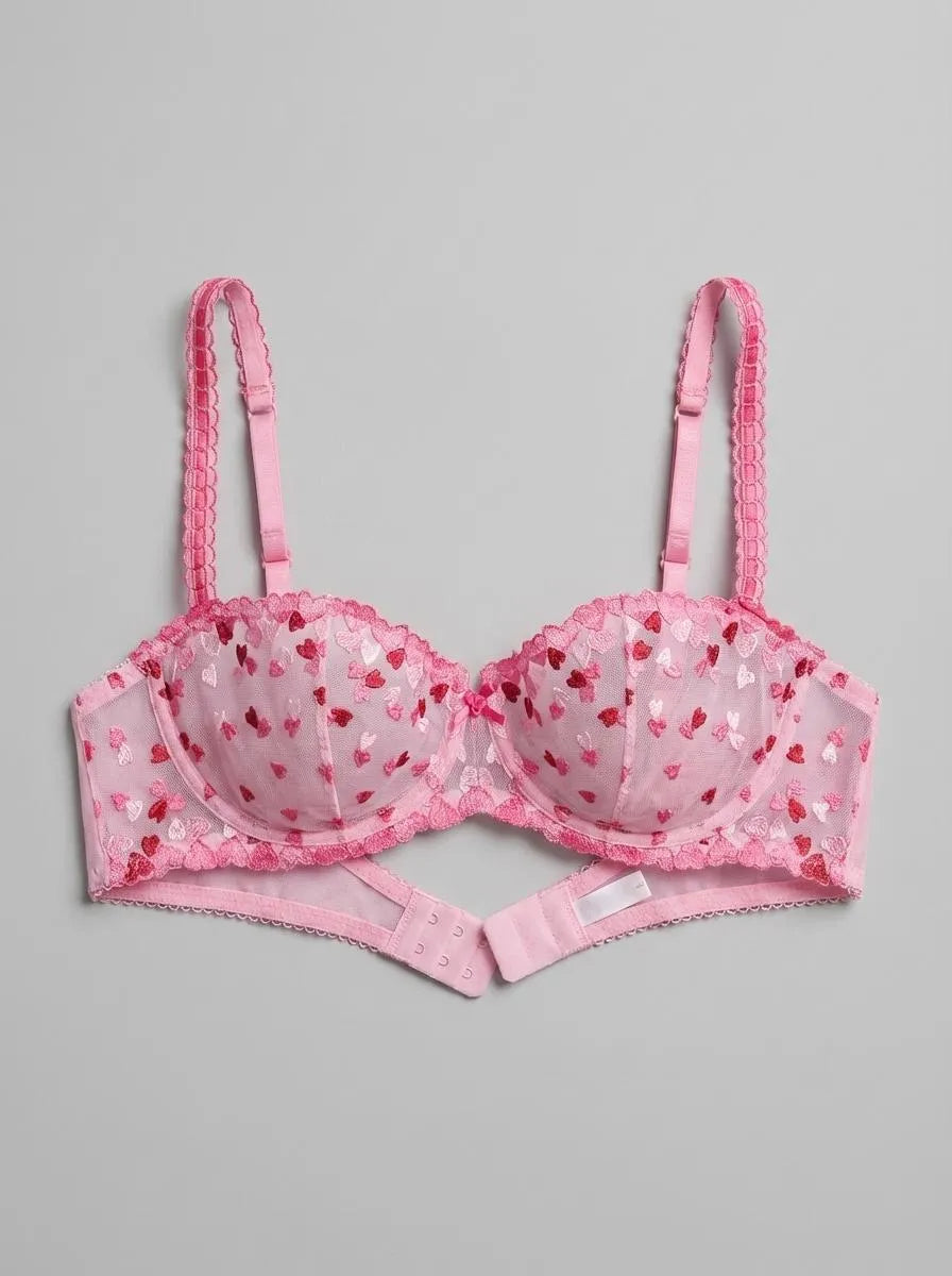 La Vie en Rose Multi Pink Heart Embroidery Women Unlined Balconette Bra in Different Cup Sizes SKU: 10100207_P60444 Image 00