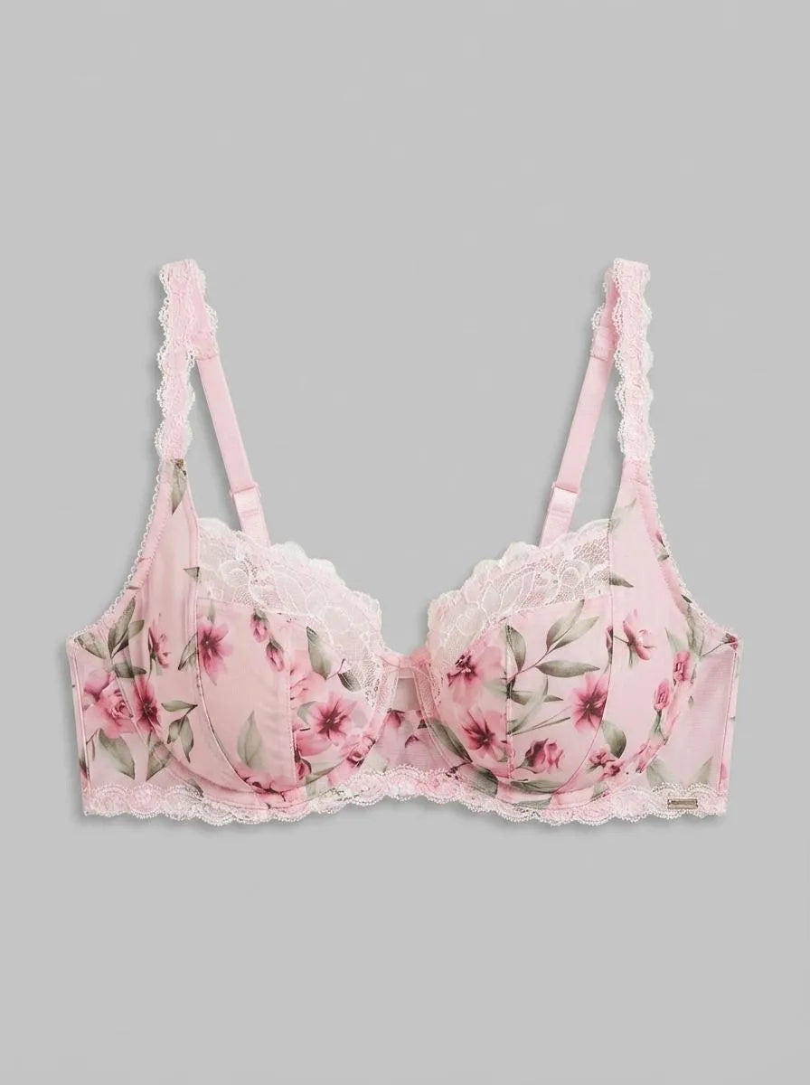 La Vie en Rose Pink Flowers Women Unlined Full Coverage Bra in Different Cup Sizes SKU: 10100209_P60446 Image 00