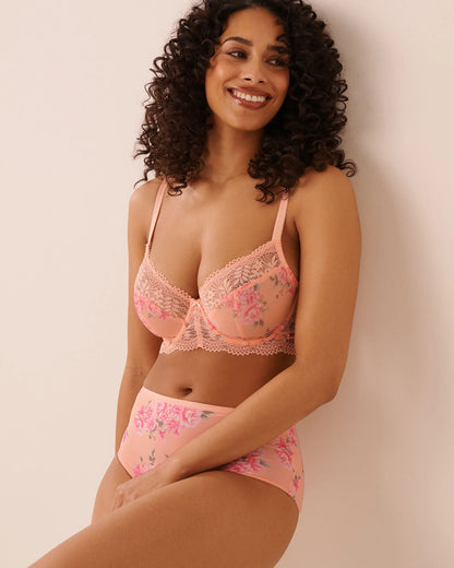 La Vie en Rose Peach &amp; Pink Floral Women Unlined Demi Bra SKU: 10100218_P60486 Image 04