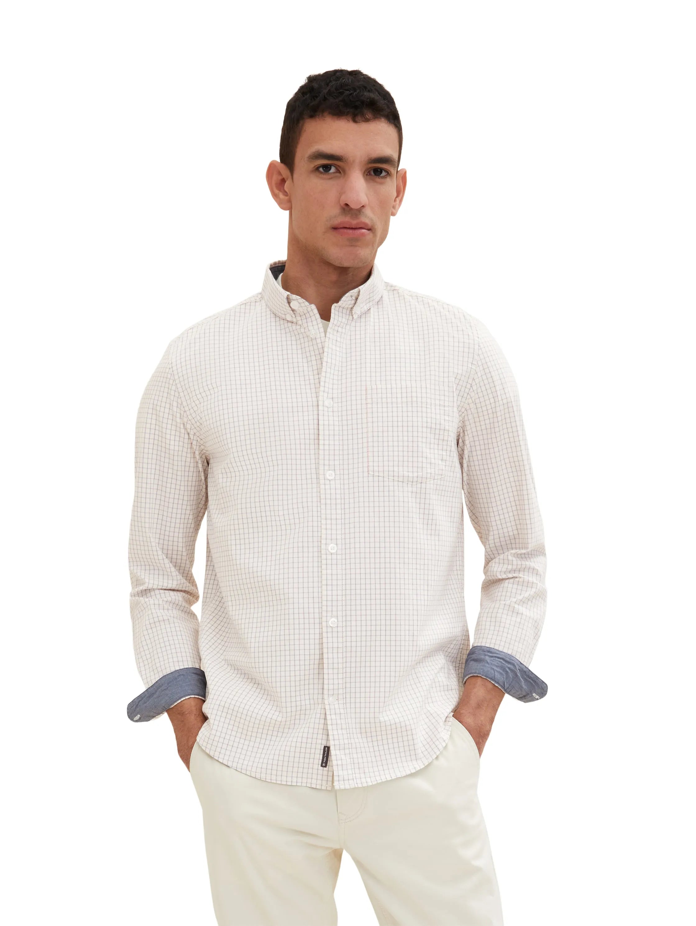 Tom Tailor Off White Peach Orange Check Men Shirt in a Checked Pattern SKU: 1034882_31168 Image 01