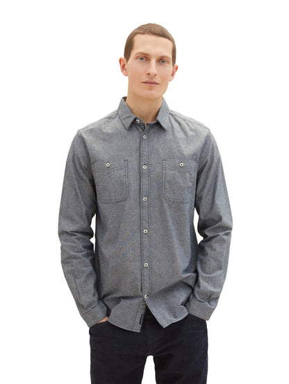 Tom Tailor Navy Chambray Men Shirt with Patch Chest Pockets SKU: 1034886_28941 Image 01