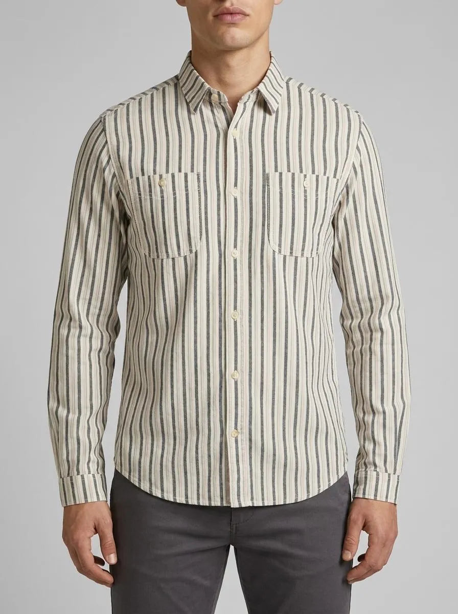 Tom Tailor Rose Navy Off White Stripe Men Shirt with Patch Chest Pockets SKU: 1034886_31172 Image 00