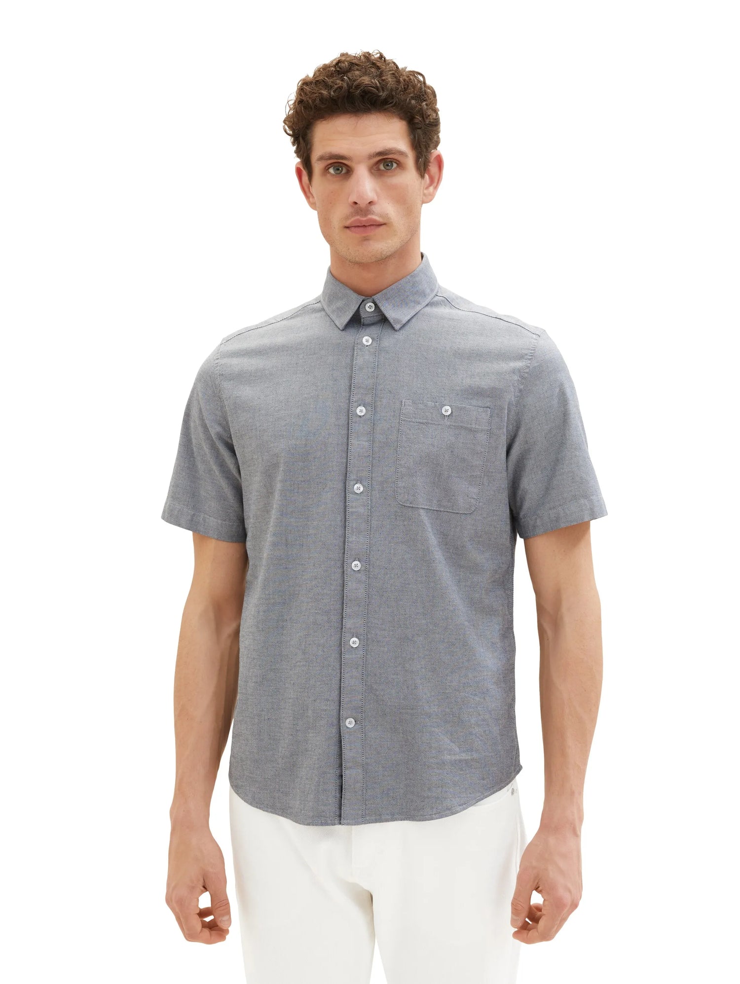 Tom Tailor Navy Chambray Men Stretch Oxford Shirt SKU: 1034892_28941 Image 01