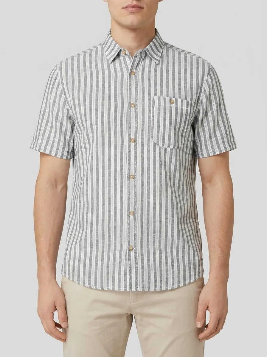Tom Tailor Navy Bluish Green Stripe Men Regular Fit Short-Sleeved Dress Shirt SKU: 1034902_31242 Image 00