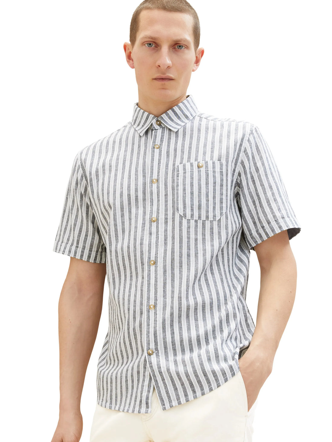 Tom Tailor Navy Bluish Green Stripe Men Regular Fit Short-Sleeved Dress Shirt SKU: 1034902_31242 Image 01