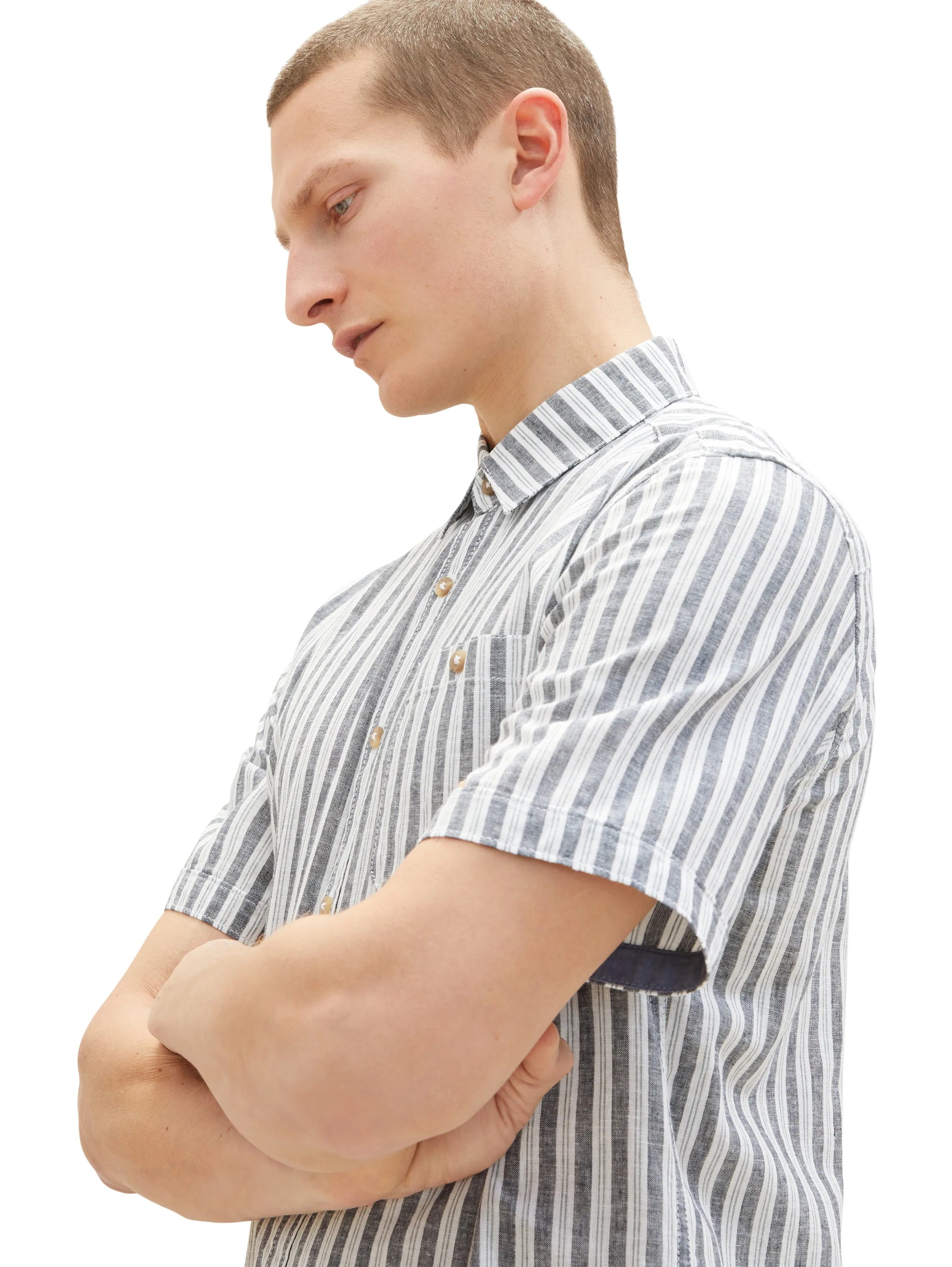 Tom Tailor Navy Bluish Green Stripe Men Regular Fit Short-Sleeved Dress Shirt SKU: 1034902_31242 Image 02