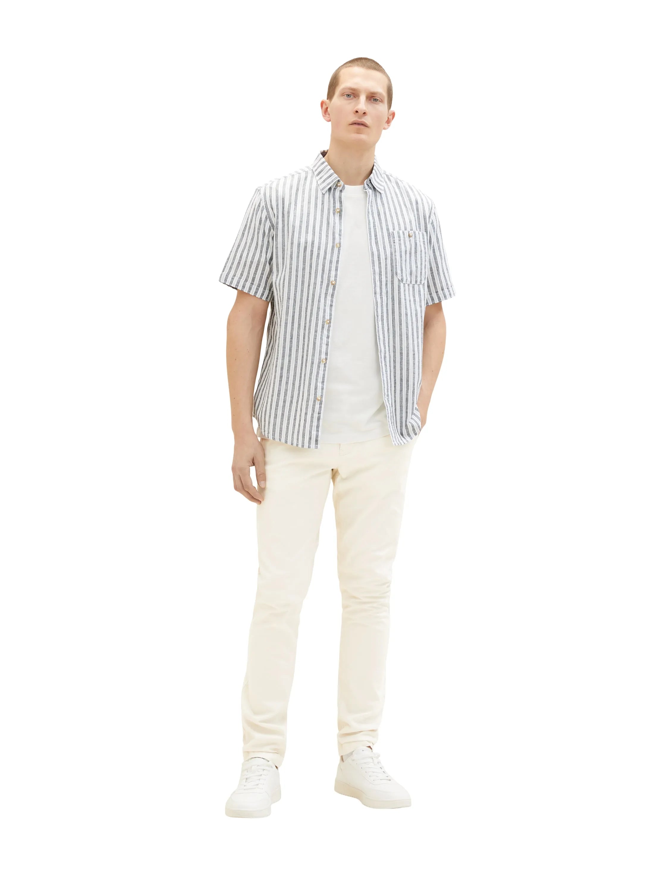 Tom Tailor Navy Bluish Green Stripe Men Regular Fit Short-Sleeved Dress Shirt SKU: 1034902_31242 Image 04