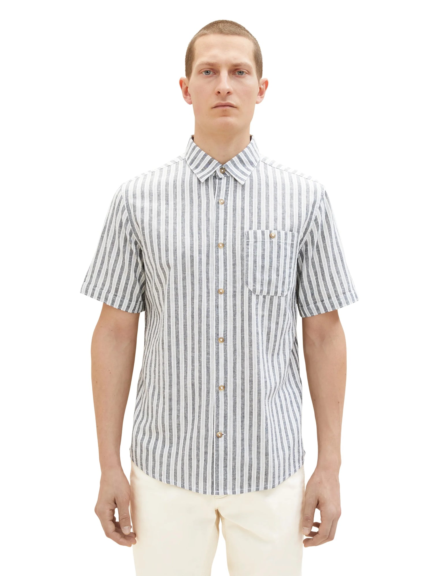 Tom Tailor Navy Bluish Green Stripe Men Regular Fit Short-Sleeved Dress Shirt SKU: 1034902_31242 Image 05