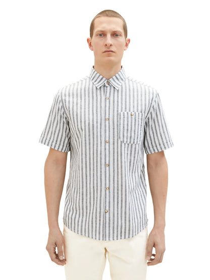 Tom Tailor Navy Bluish Green Stripe Men Regular Fit Short-Sleeved Dress Shirt SKU: 1034902_31242 Image 05