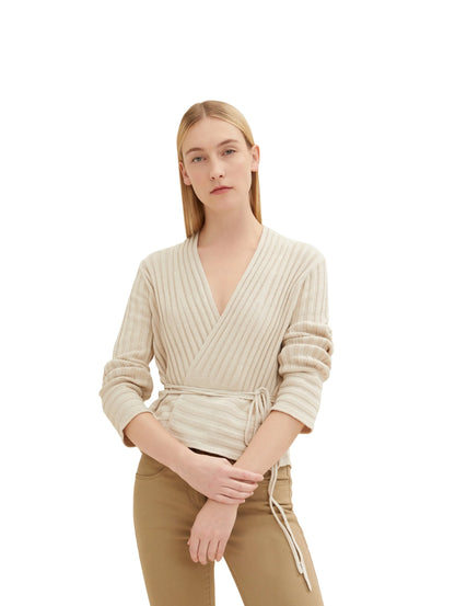 Tom Tailor Dusty Beige Women Wrap-Around Cardigan in a Ribbed Texture SKU: 1035293_12365 Image 01