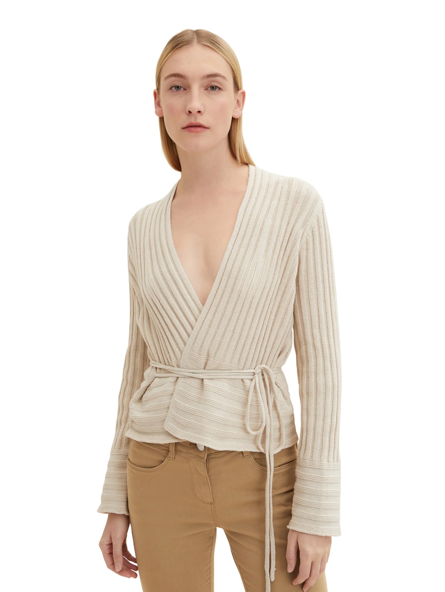 Tom Tailor Dusty Beige Women Wrap-Around Cardigan in a Ribbed Texture SKU: 1035293_12365 Image 05