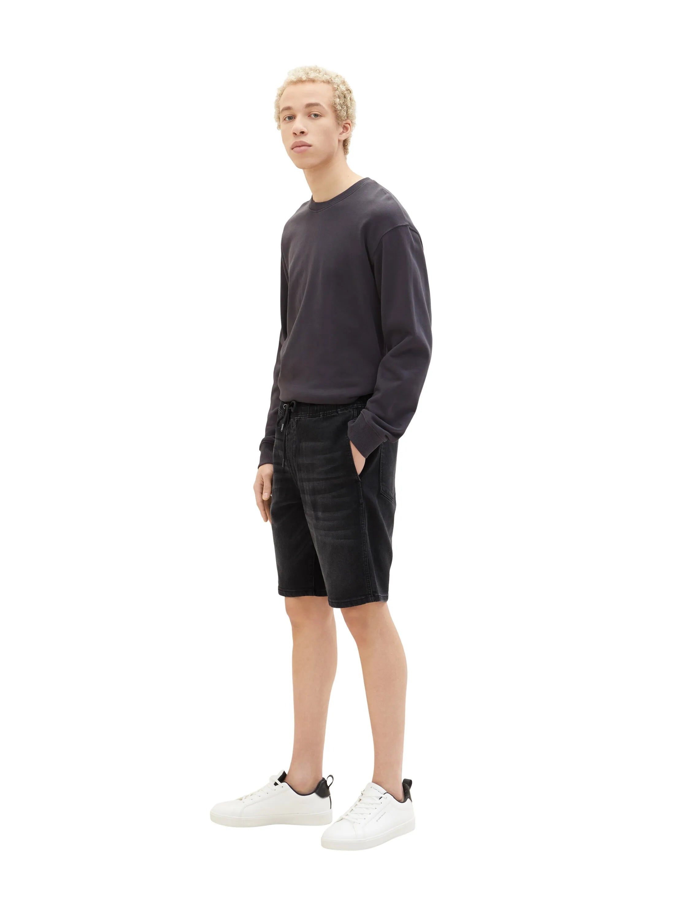Denim Tom Tailor Used Dark Stone Black Denim Men Denim Shorts with an Elastic Waistband SKU: 1035516_10250 Image 02