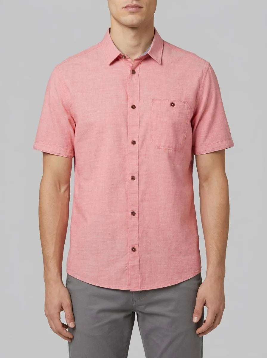Tom Tailor Red Herringbone Structure Men Short-Sleeved Shirt with a Chest Pocket SKU: 1036213_32167 Image 00