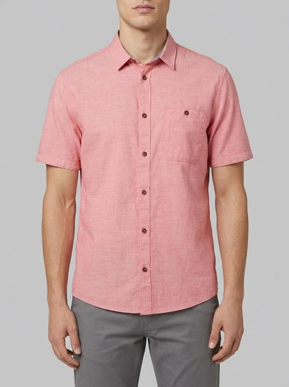 Tom Tailor Red Herringbone Structure Men Short-Sleeved Shirt with a Chest Pocket SKU: 1036213_32167 Image 00