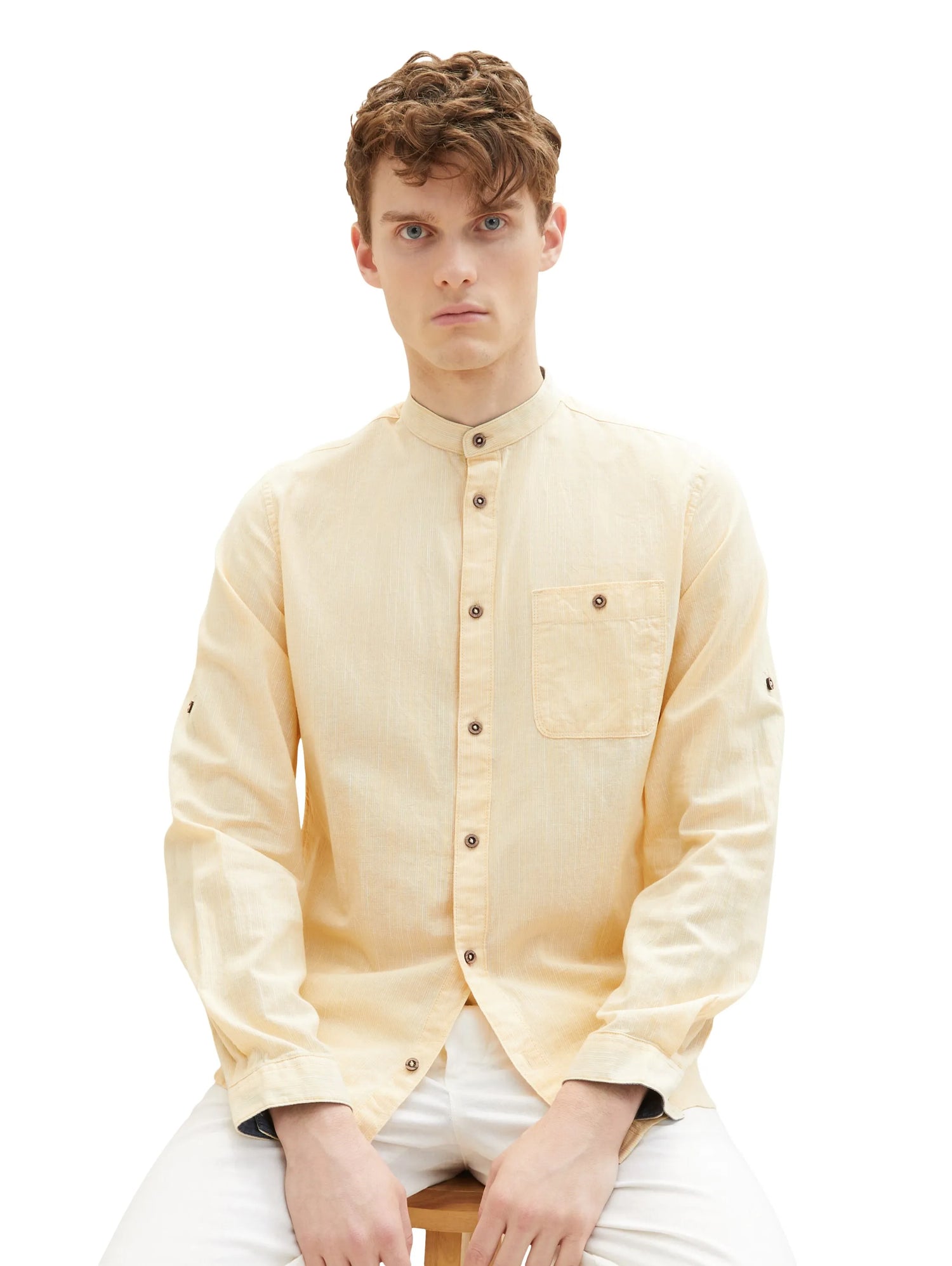 Tom Tailor Yellow Pinstripe Men Textured Shirt SKU: 1036214_31773 Image 01