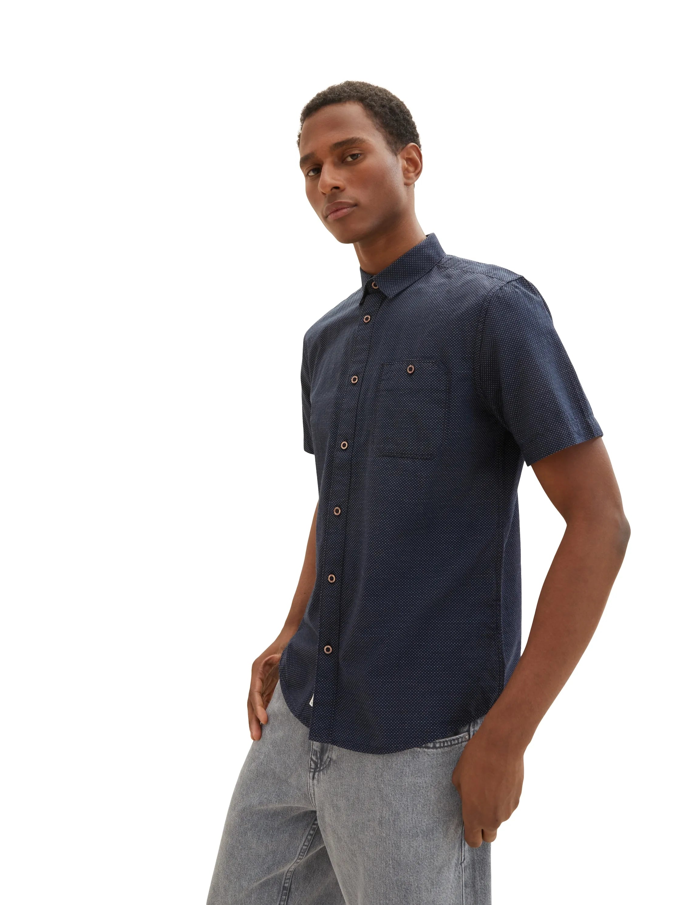 Tom Tailor Navy Colourful Dots Structure Men Regular Fit Short-Sleeved Dress Shirt SKU: 1036225_31819 Image 01