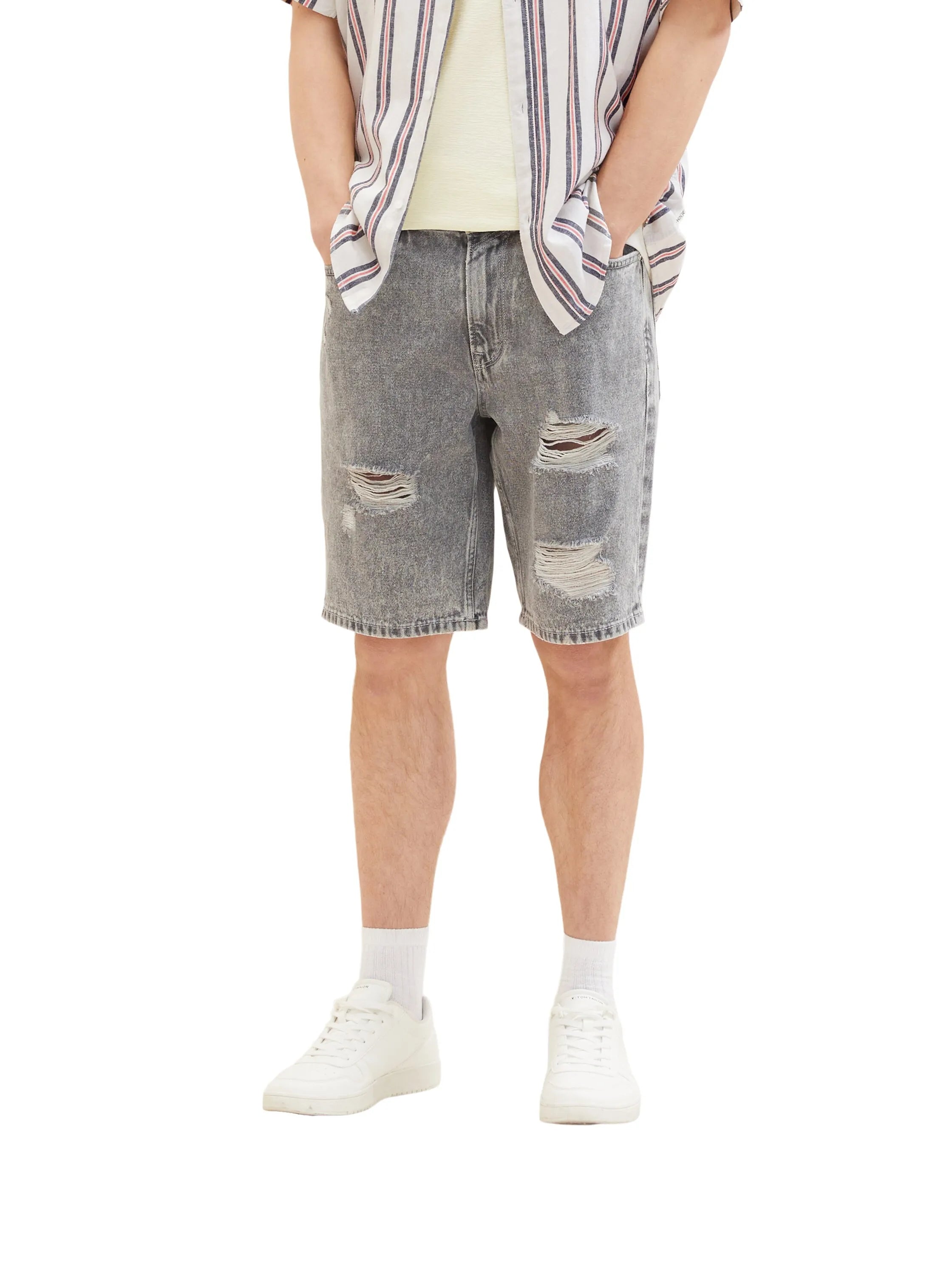 Denim Tom Tailor Destroyed Mid Stone Grey Denim Men Loose-Fit Shorts SKU: 1036267_10223 Image 01