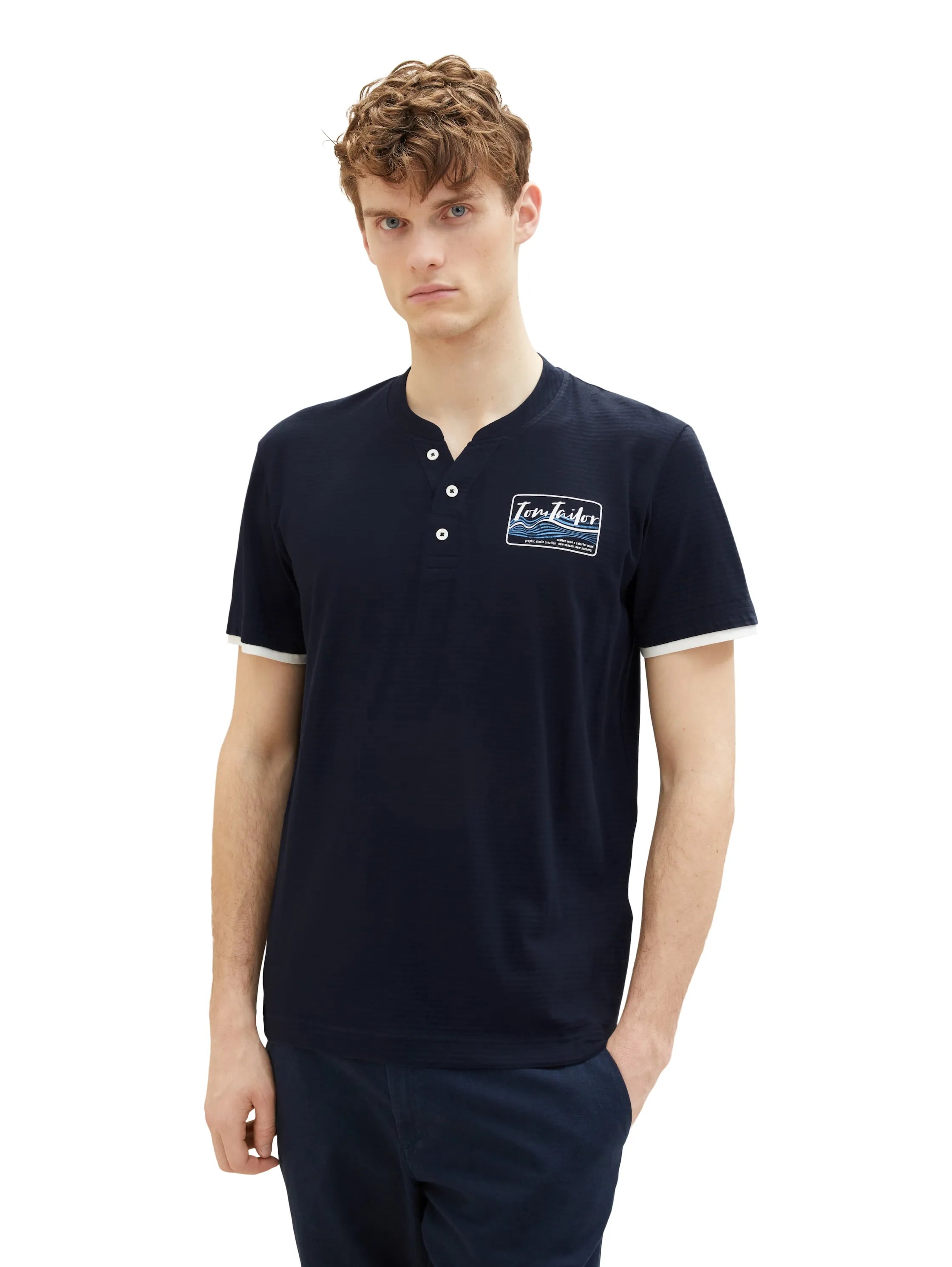 Tom Tailor Sky Captain Blue Men Serafino T-Shirt with a Print SKU: 1036321_10668 Image 04